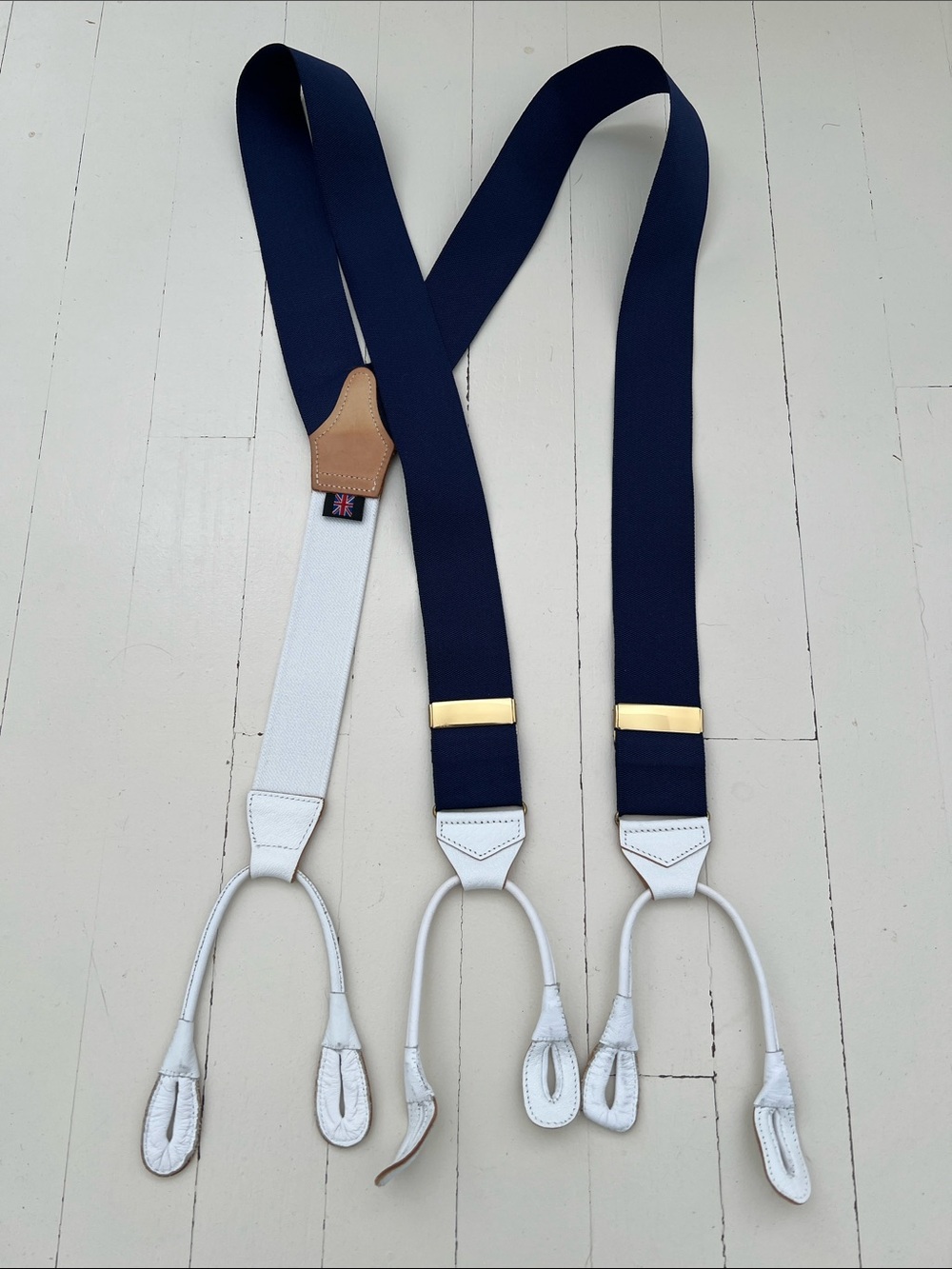 Albert Thurston Navy Suspenders with White Leather Accents